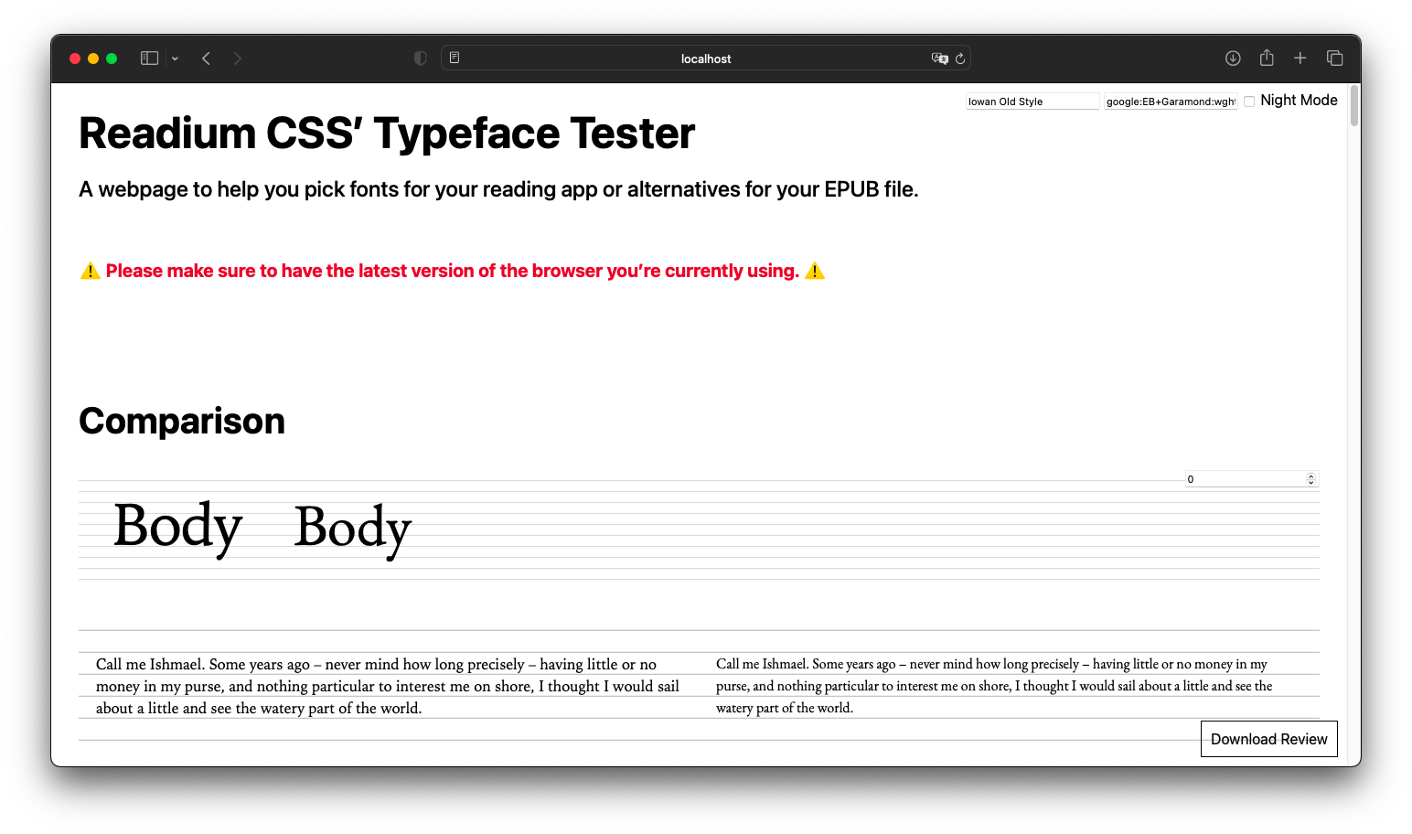EB Garamond compared to Iowan Old Style. Its x-height is significantly smaller, and it doesn’t feel specifically designed for lower-definition screens. Its main benefit is offering some familiarity as lots of books are using Adobe Garamond.