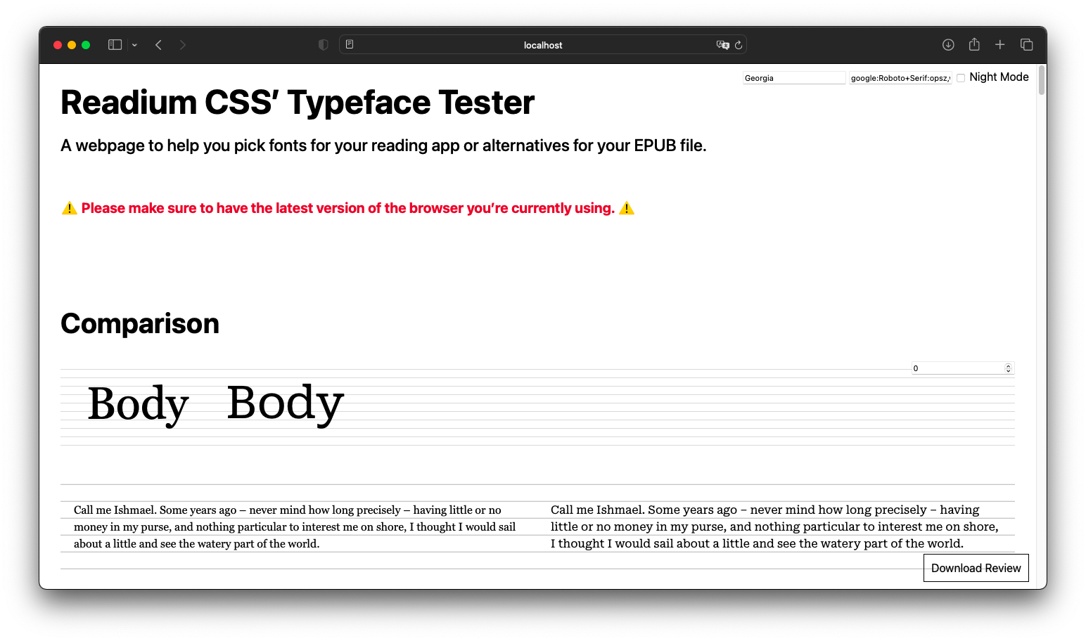Roboto Serif compared to Georgia. It is remarkably larger and simpler in its design, so much so that it feels like a slab serif. There’s very little contrast in strokes, but it looks readable in body copy, although the user might want to increase line-height.
