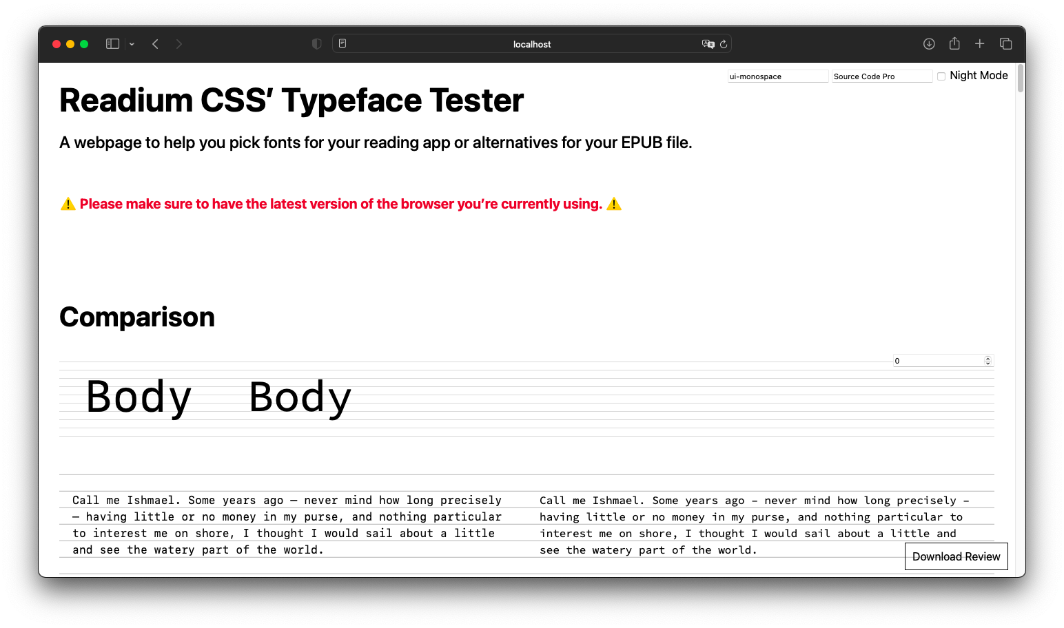 Source Code Pro compared to San Francisco Mono. Its design is less squarish and condensed, and it looks less mechanical as a consequence. It doesn’t necessarily make it more readable though, just different, especially as its x-height is smaller.