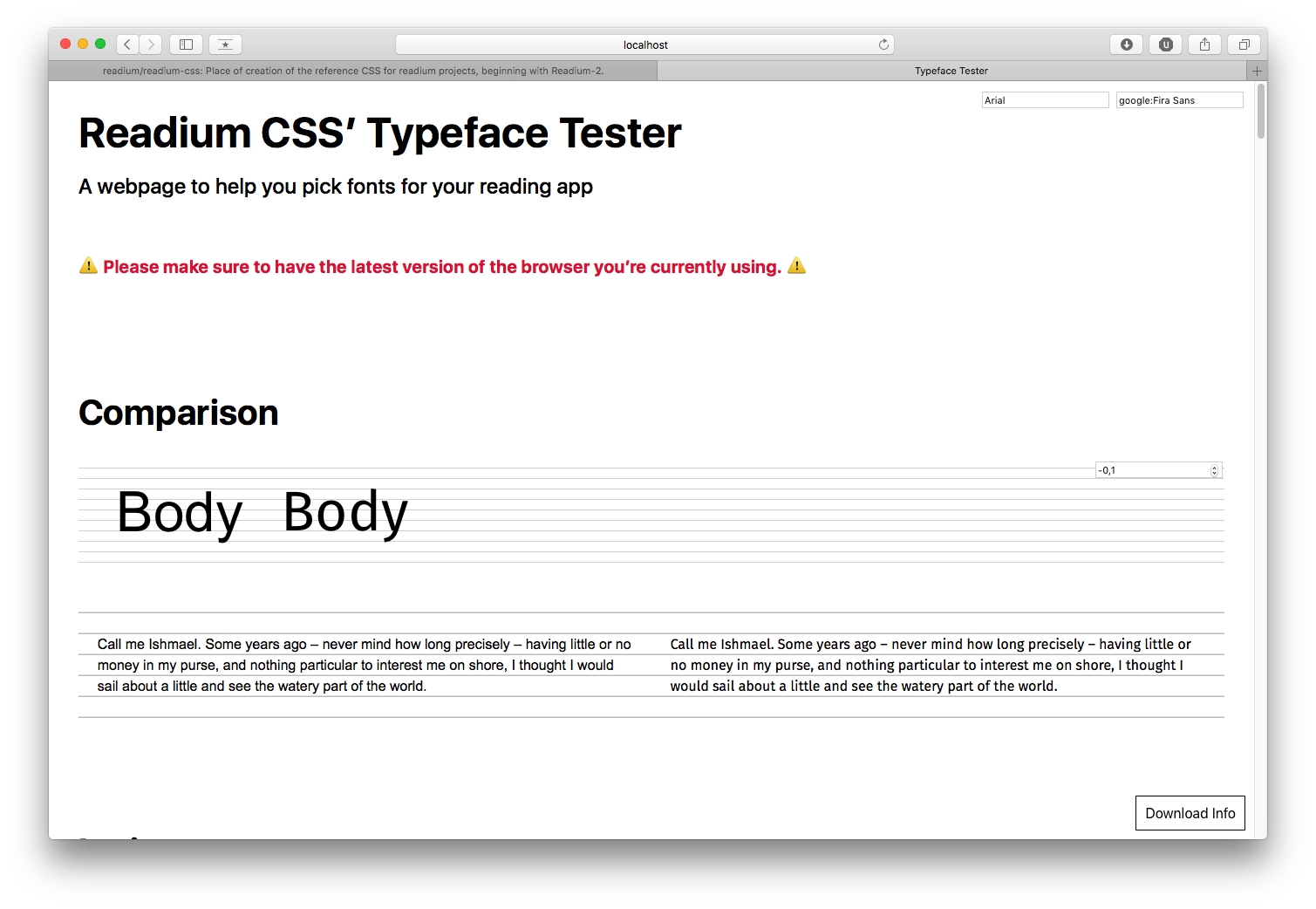 Fira Sans compared to Arial. The typeface is decidedly more condensed, and its letter-spacing larger. When comparing an entire paragraph, the metrics of both fonts don’t look that much different, but Fira Sans brings the extra personality some users require in a bookish context.