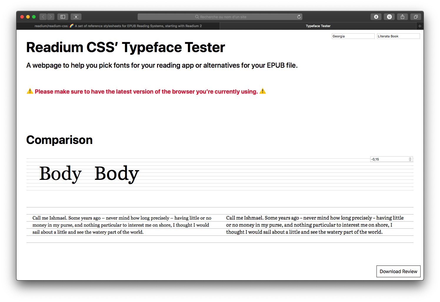 Literata compared to Georgia. The typeface is noticeably larger and bolder. When comparing an entire paragraph, this become obvious in the sense fewer words fit on a line. This could become an advantage on larger screens, as the user won’t have to increase font-size.