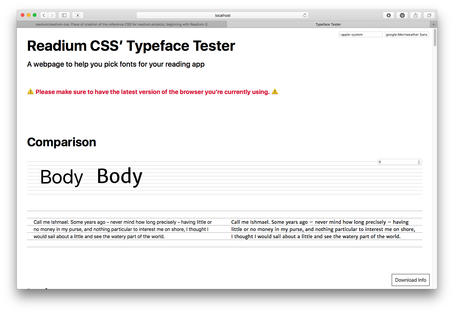 Merriweather Sans compared to San Francisco, the Apple’s system typeface. It appears bolder and feels decidedly larger. This is remarkable when comparing an entire paragraph, especially as its design is less neutral.