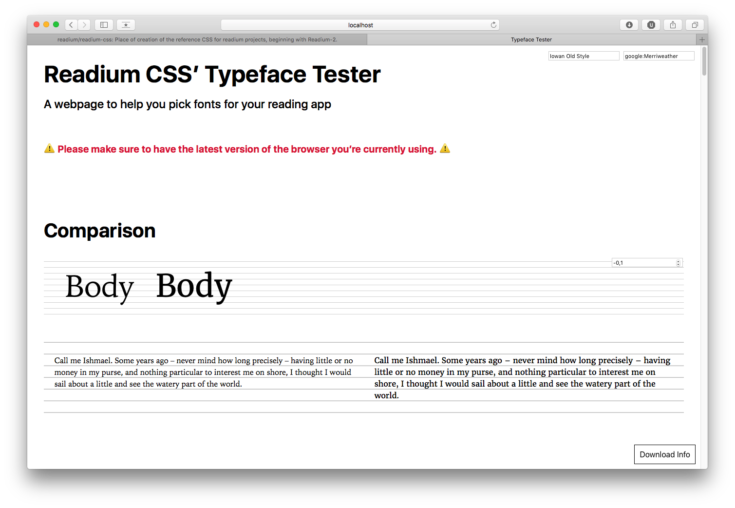 Merriweather compared to Iowan Old Style. Although more condensed, the typeface has been designed for screens and offers a larger x-height and bolder strokes. This shows when comparing an entire paragraph, as fewer words fit on a line and an extra line is even created.