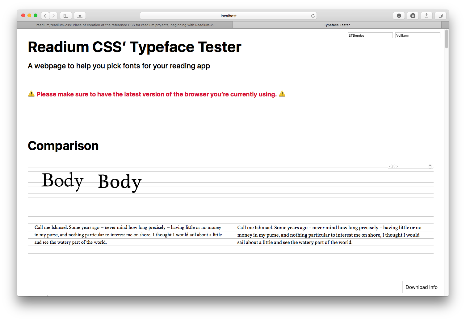 Vollkorn compared to Bembo (ET variant). The typeface is significantly larger and bolder; its vertical alignement is also a lot lower. When comparing an entire paragraph, those traits become obvious and offer a better design for reading on screens.